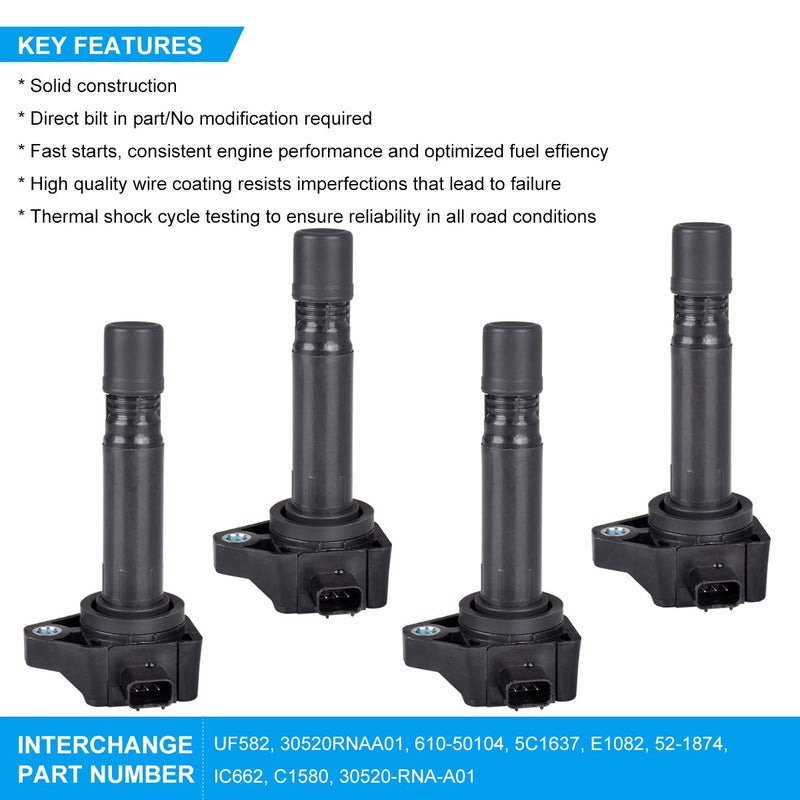 FAERSI Ignition Coils Pack 4 Set Replacement for 2006 2007 2008 2009 2010 2011 Honda Civic L4 1.8L, UF582 C1580 5C16371788393 RNAA01 IC662 - Image 3